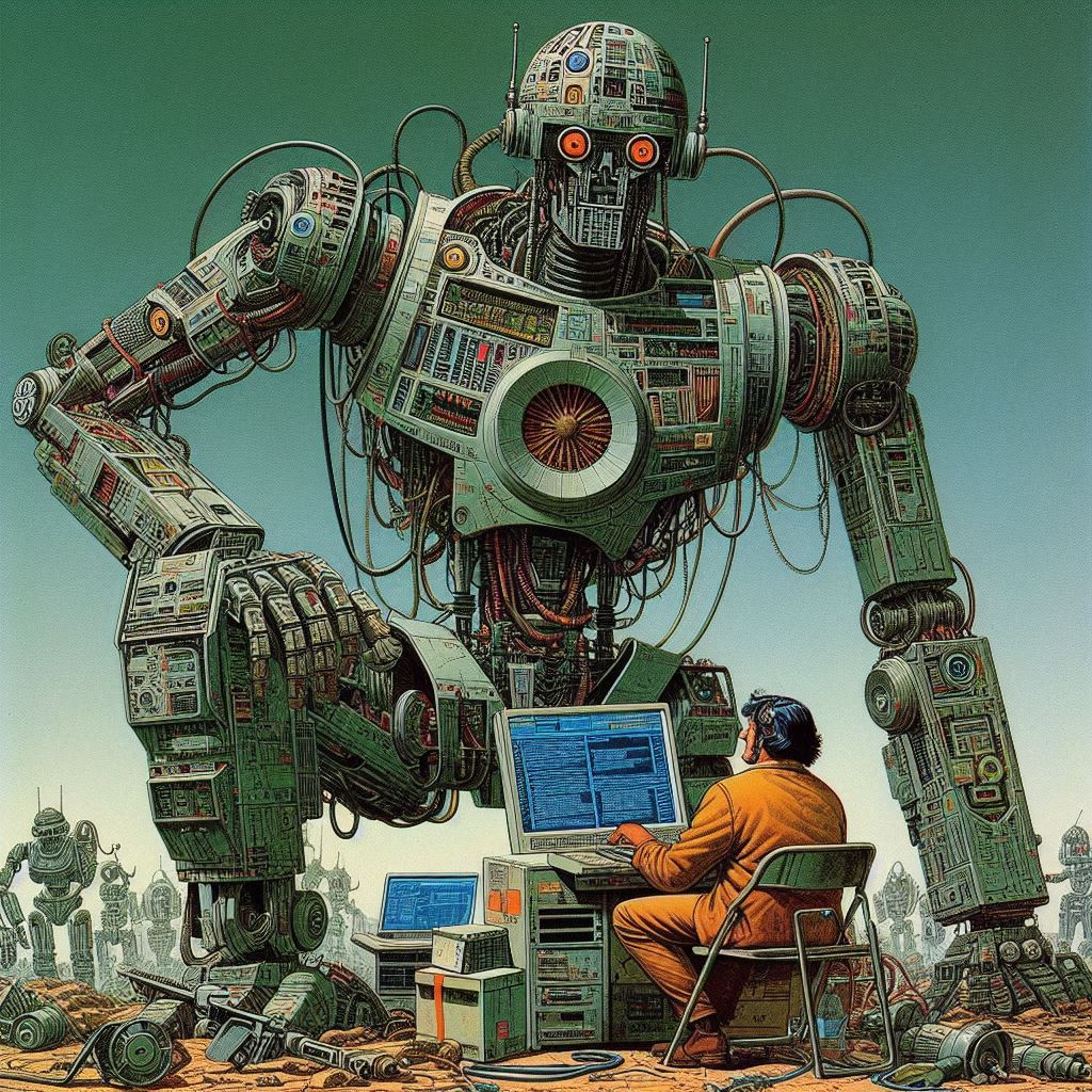 An illustration: a towering robot built out of circuit boards leans over a person working at a laptop in the open air.