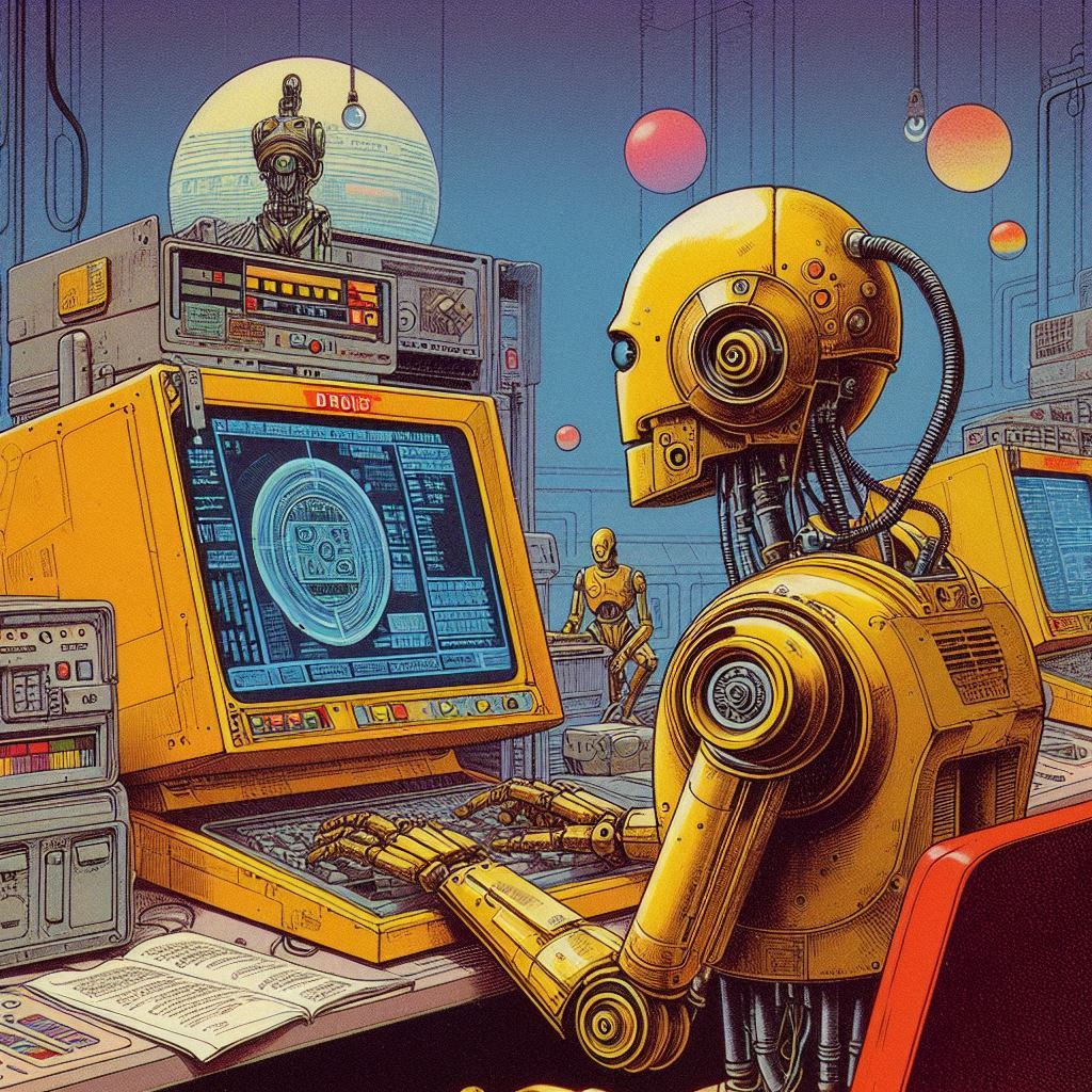 An illustration: a robot built from circuit boards, mid-answer.