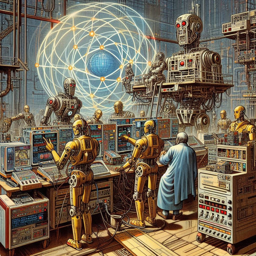 An illustration: a robot assembled from circuit boards stands beside the people it works with.